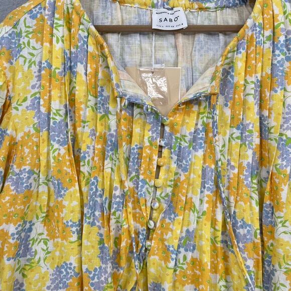 Sabo Leta Top Womens Lg Yellow Floral Puff Sleeve Pintuck Cottage Coastal Boho - Picture 7 of 14